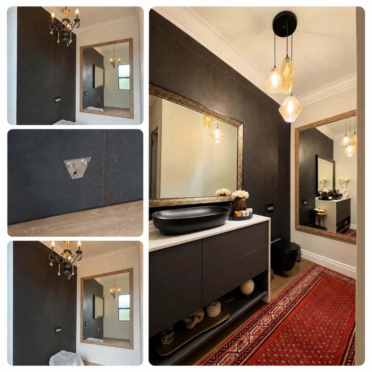 ThiKara bathroom design collage featuring black stone walls, mirrors and a completed vanity space
