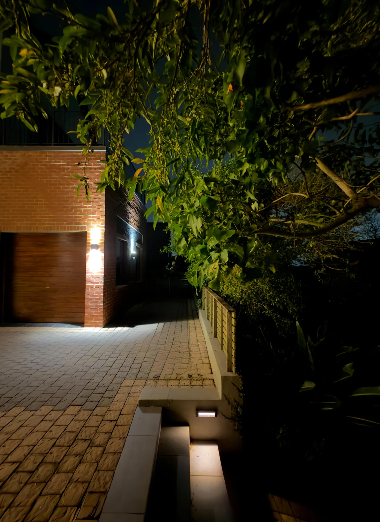 Exterior lighting and landscaped approach